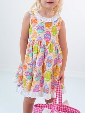Cheeky Plum Girls Easter Egg Print Dress with Eyelet Lace Collar
